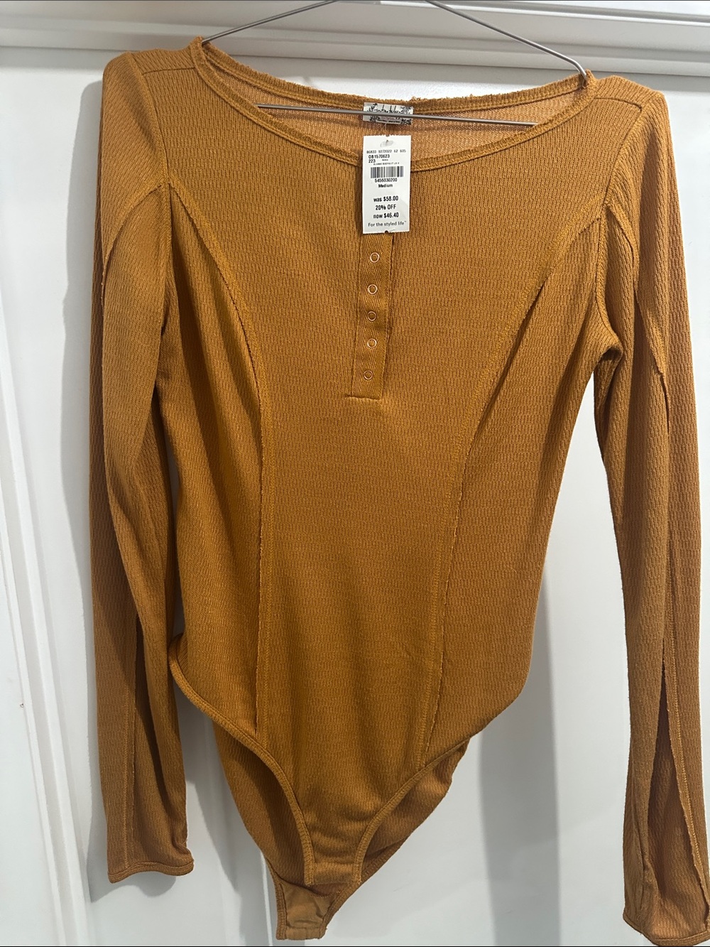 Free People Mustard Waffle Knit Long-Sleeve Henley Bodysuit